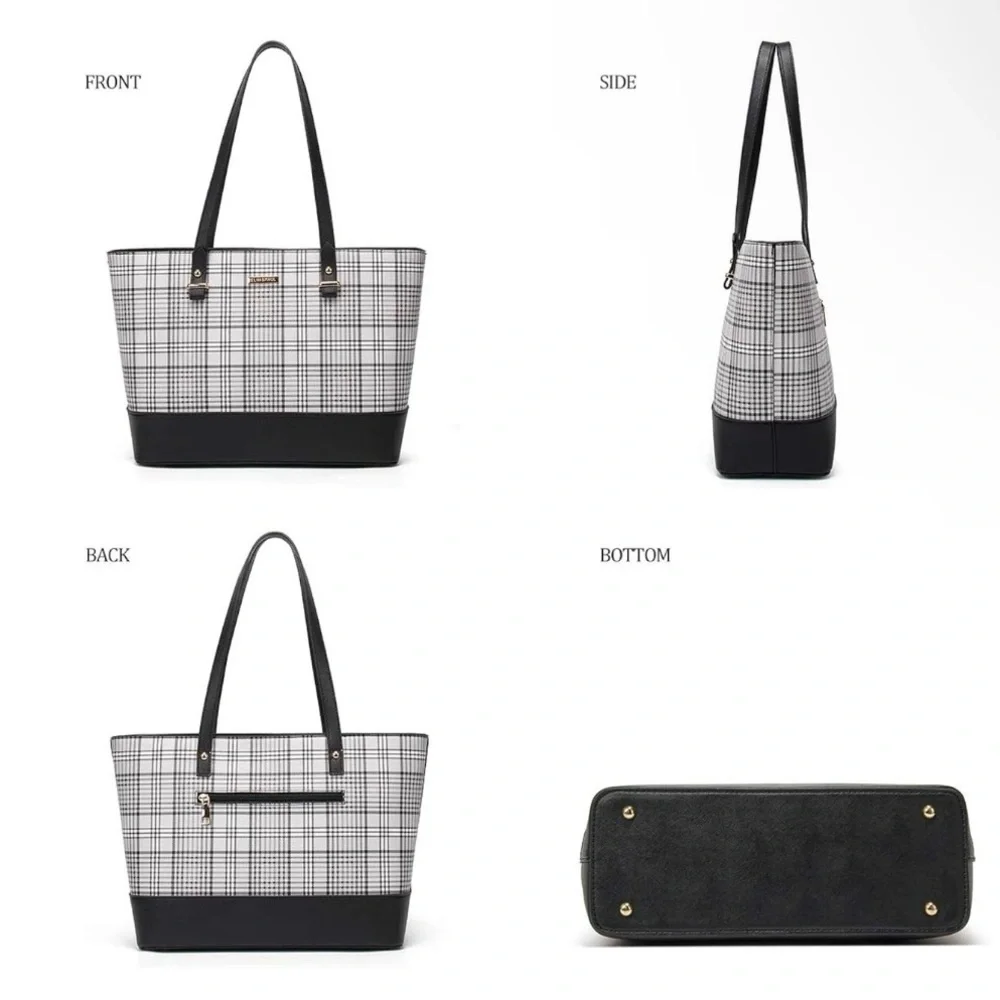 4Pcs Plaid Tote Bag Set with Black Accents